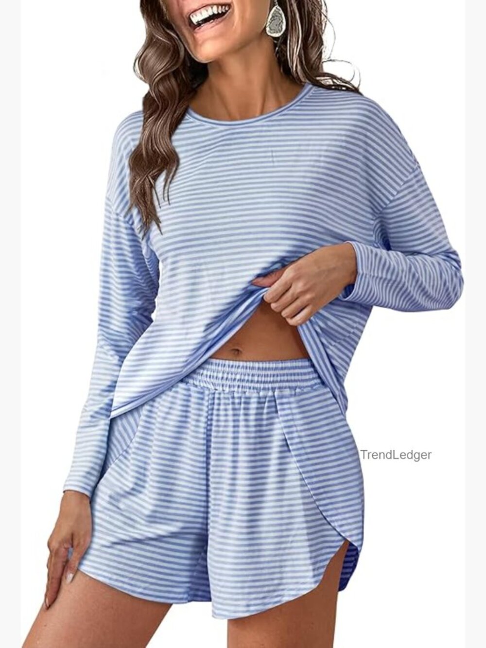 Women's Long Sleeve Pajama Set 2 Piece Lounge Matching Short Set Striped Pjs